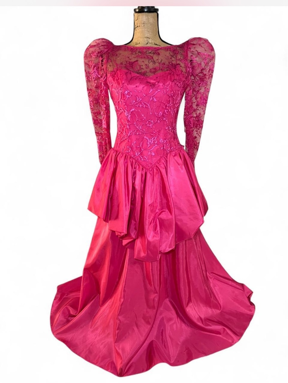 Vintage 1980s Hot Pink Lace & Satin Evening Dress Small